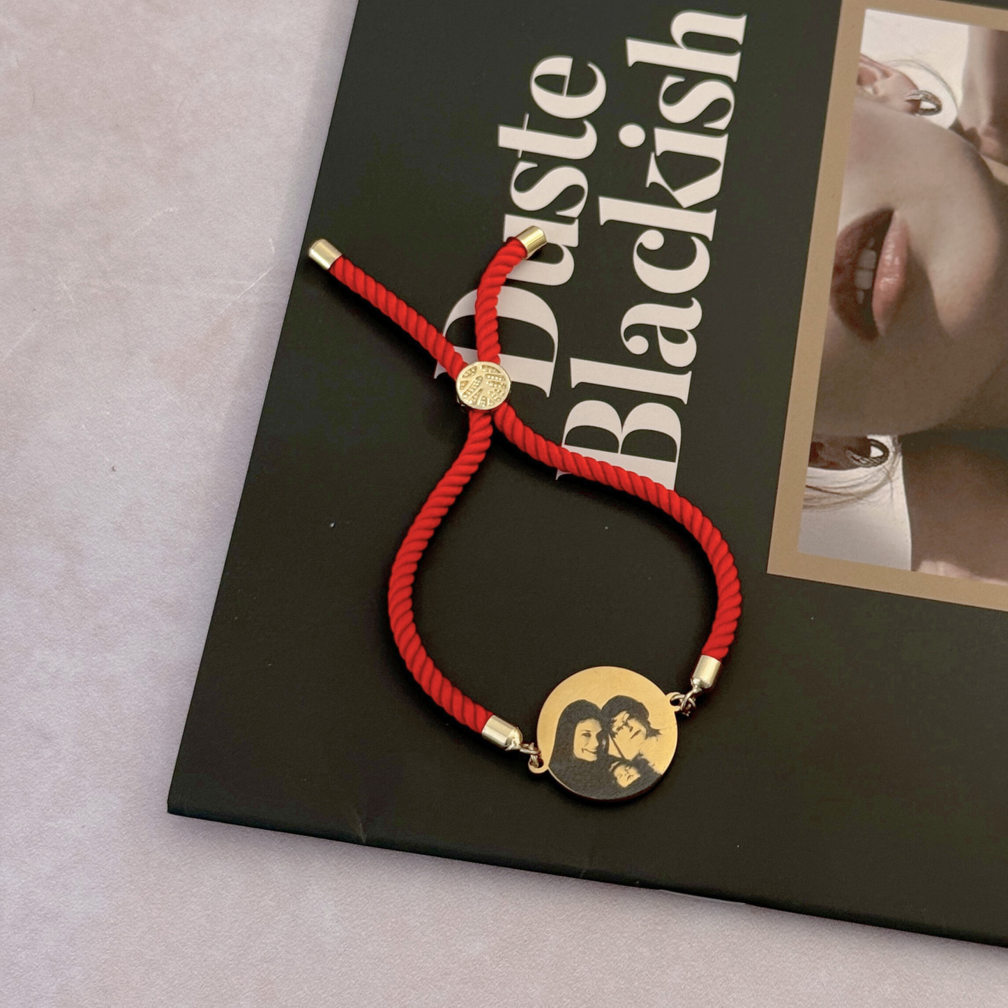 Customizable Red Cord Bracelet with Gold-Plated Pendant - 8 Inches, Stainless Steel Pendant, Personalizable with Photo, Text, or Icon